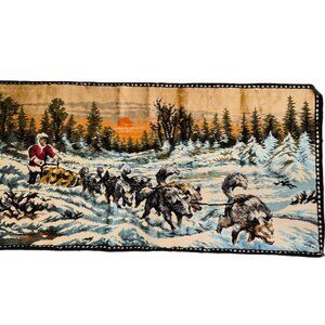 Vintage Italian Wall Rug – Dog Sled Scene – Winter Cabin Decor